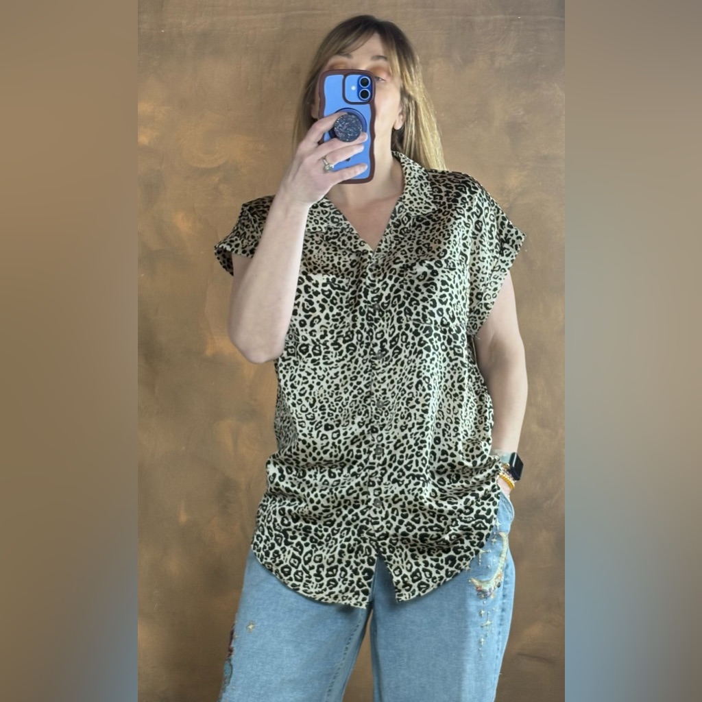 Mittoshop Leopard Print Short Sleeve Button-Down Top - Tan & Black